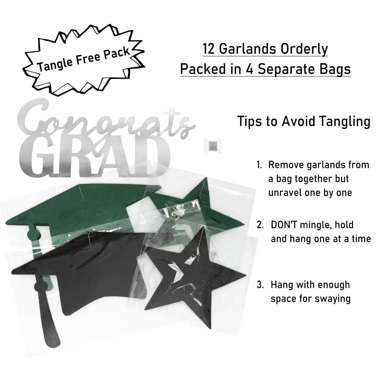 Cheerland Green Graduation Party Decoration Kit Black Cap Decor Shiny Congrats Grad Banner Star Hat Garland Hanging Streamer Ban